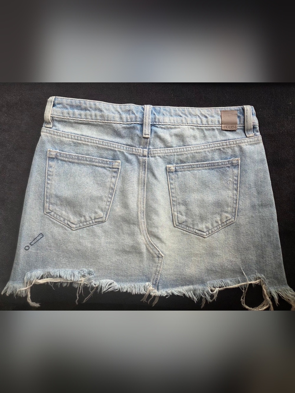 Hidden Jeans Light Wash Distressed Denim Mini Skirt with Fun Patches - Picture 2 of 11